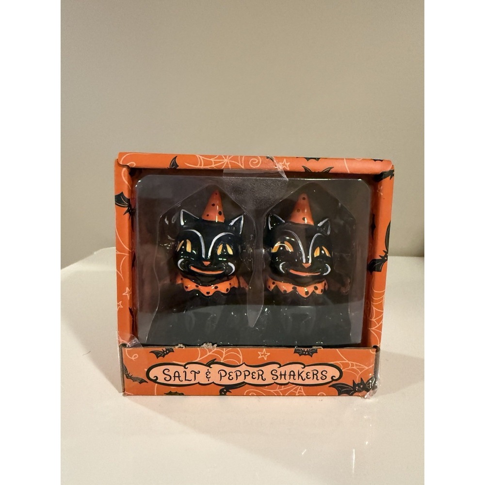 Johanna Parker Halloween Smiling Black Cat Salt & Pepper Shakers NEW In Box 2021